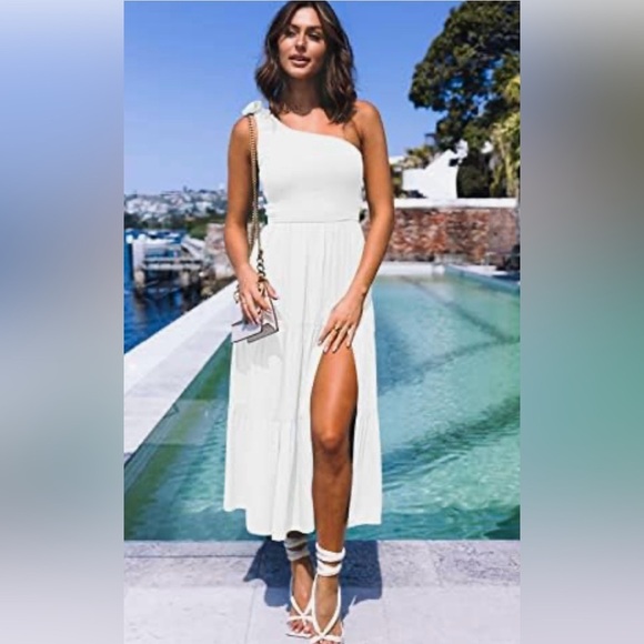 Merokeety One Shoulder Sleeveless Knot Smocked Midi Dress XL Split Tiered Flowy - Picture 1 of 13